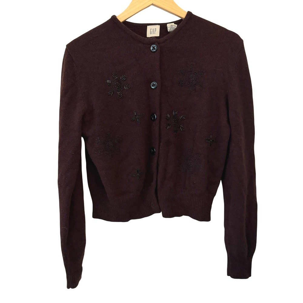 Gap Cardigan Womens XL Brown Excellent Lambswool Angora Beaded Snowflake Vintage